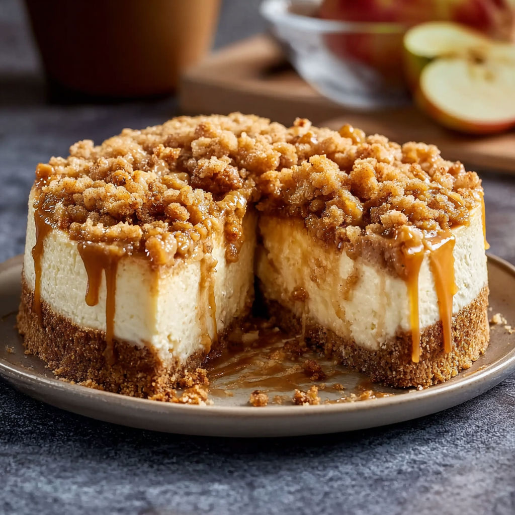 A slice of cheesecake with caramel drizzled on top.