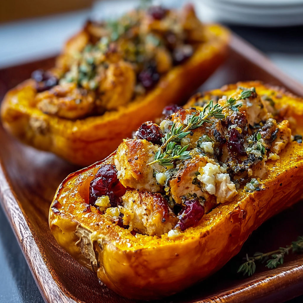 Two stuffed butternut squash with chicken and blue cheese.