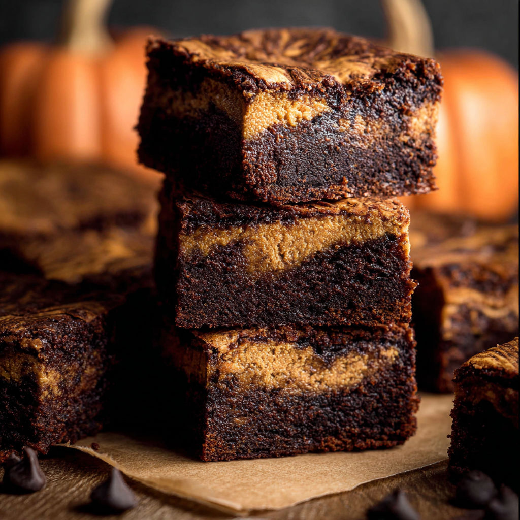 A stack of brownies with a pumpkin on top.