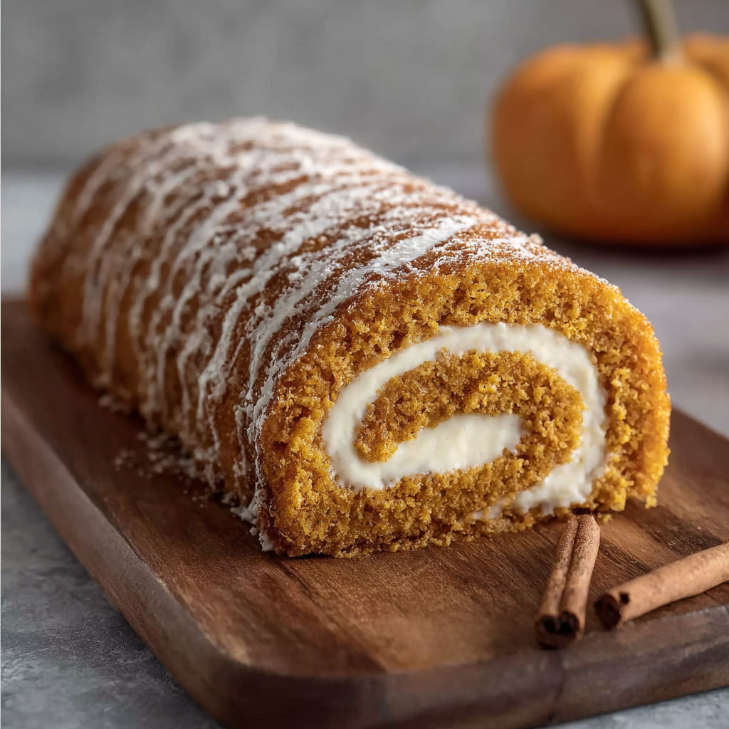 A roll cake with a pumpkin spice filling.