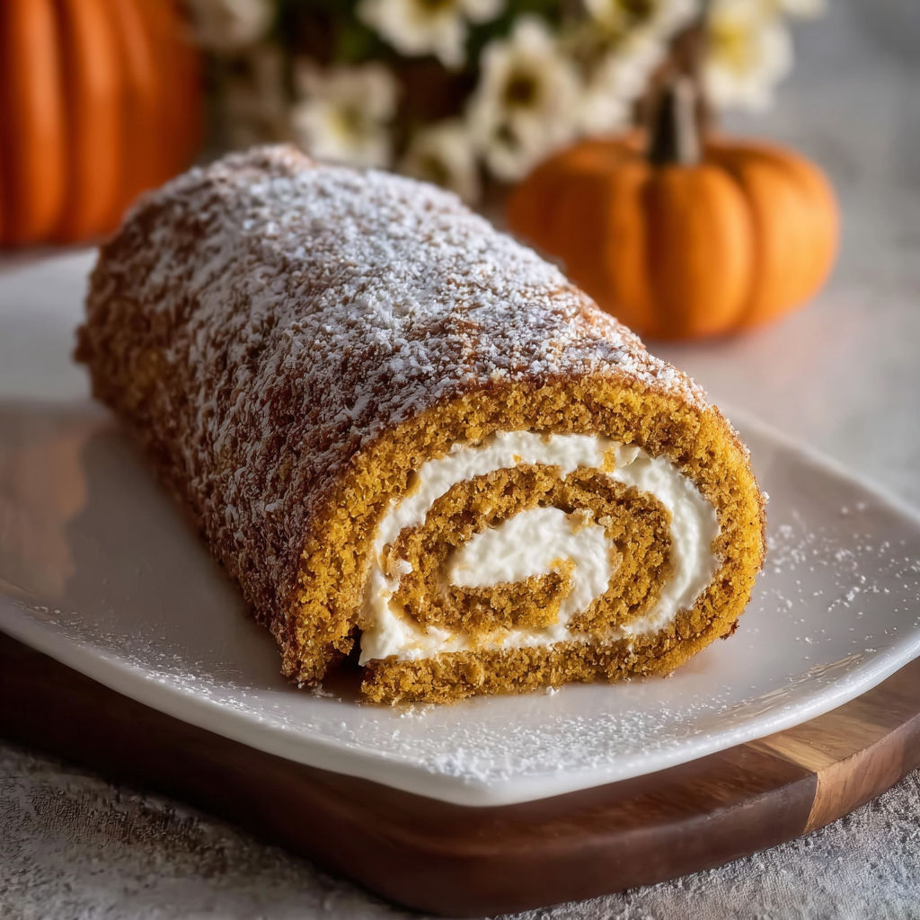 A slice of pumpkin spice roll cake on a plate.