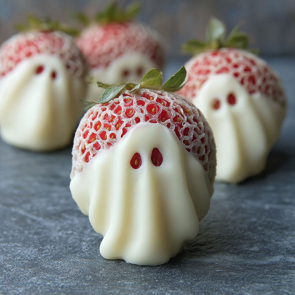 A white chocolate covered strawberry with a face drawn on it.