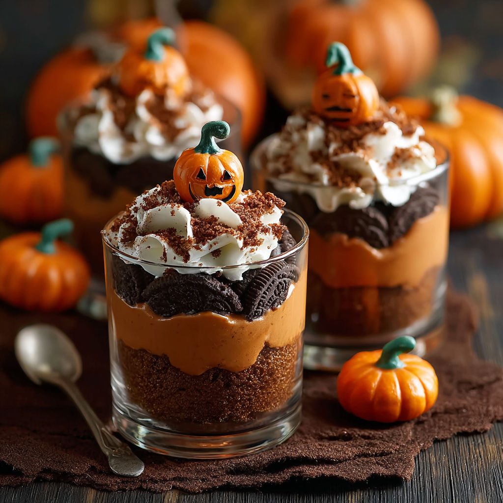 A pumpkin patch dirt cup with a pumpkin on top.