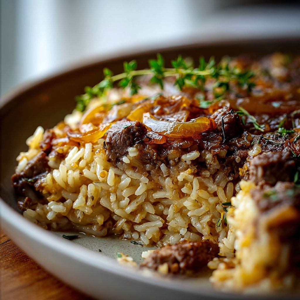 A bowl of rice with meat and vegetables.