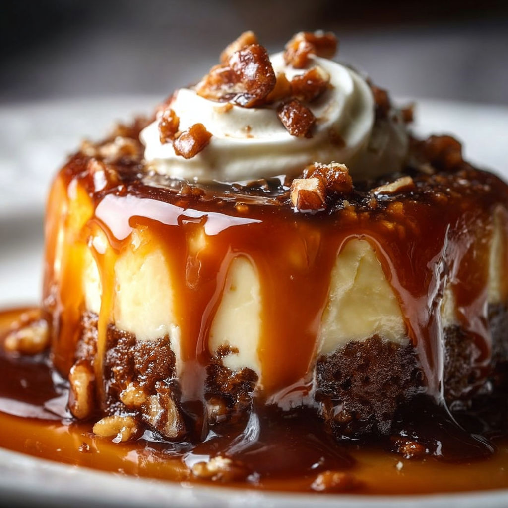 A slice of gooey caramel turtle cake.
