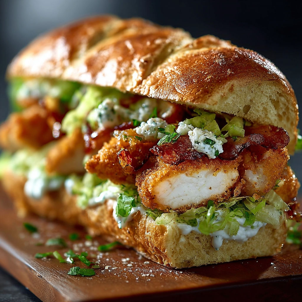 A sandwich with chicken, bacon, lettuce, and blue cheese.