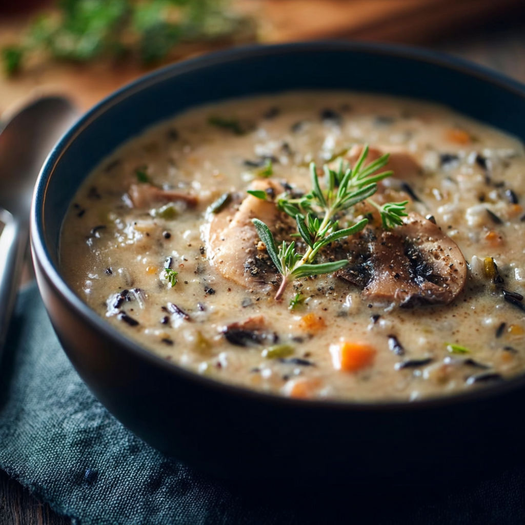 A bowl of soup with mushrooms and carrots.