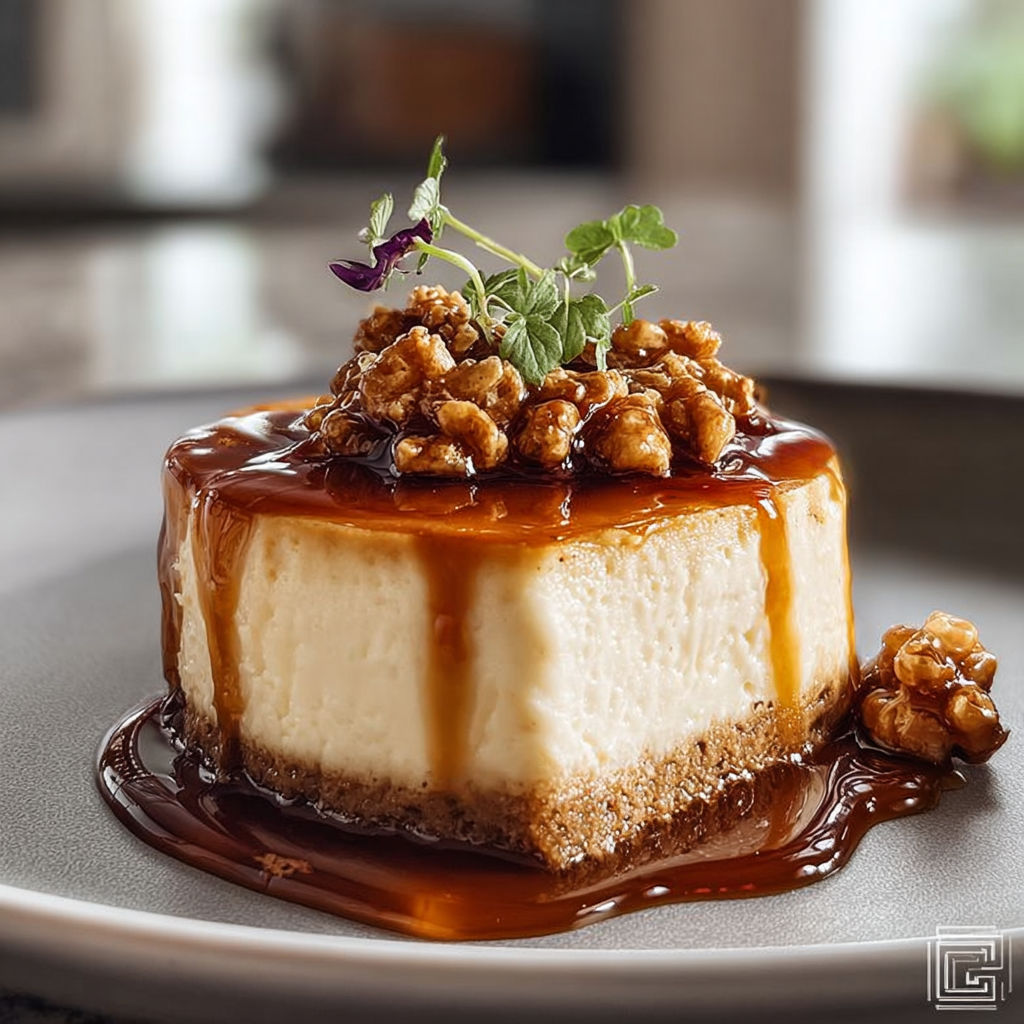 A slice of bourbon cheesecake with a caramel sauce drizzle.
