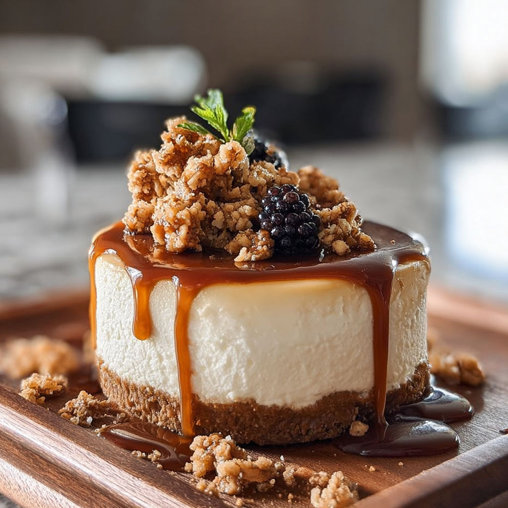 A slice of cheesecake with a caramel sauce drizzle and topped with a blackberry.