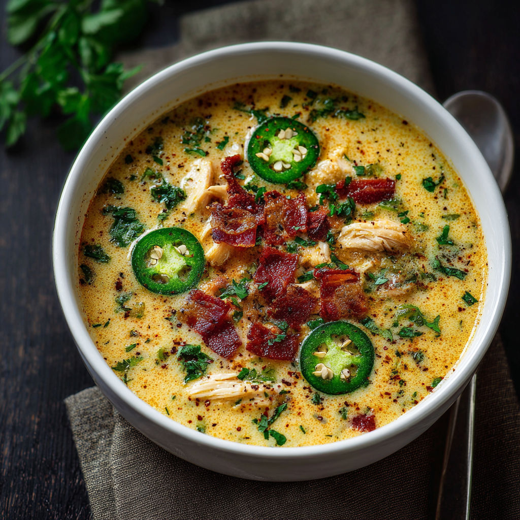 A bowl of soup with jalapenos and bacon.