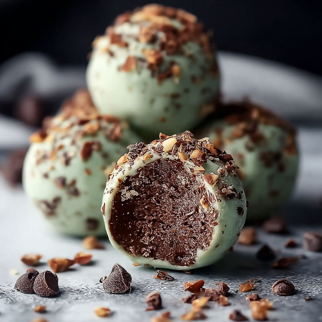 Three mint chocolate chip protein balls on a table.