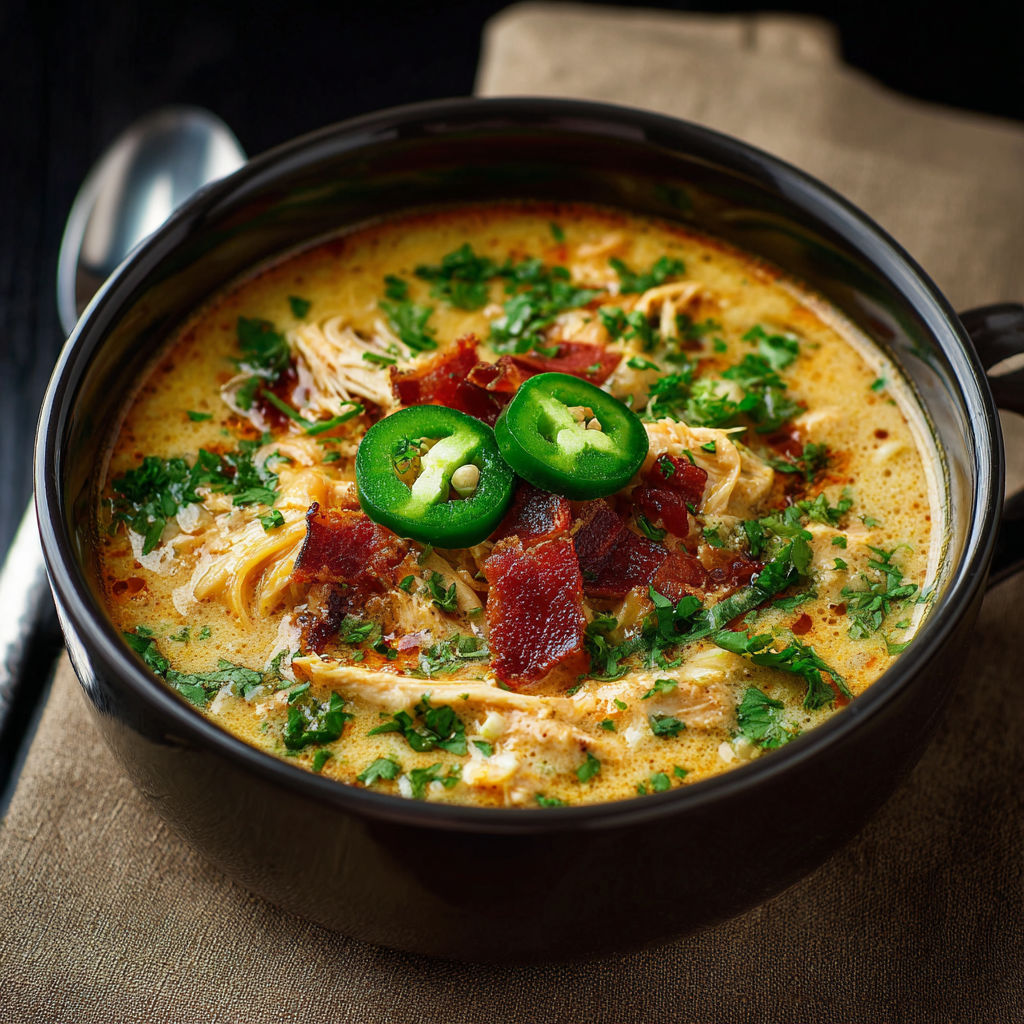 A bowl of soup with jalapenos on top.