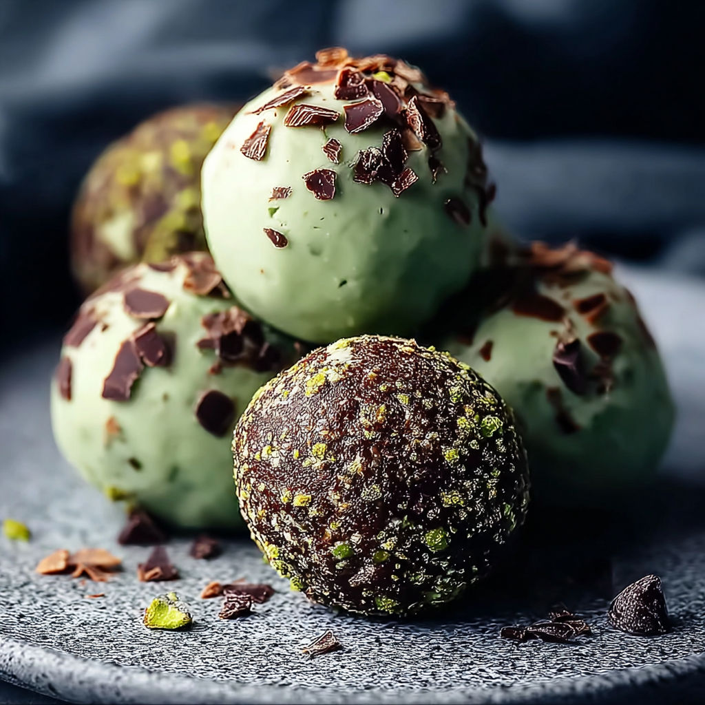 Three chocolate chip protein balls on a plate.