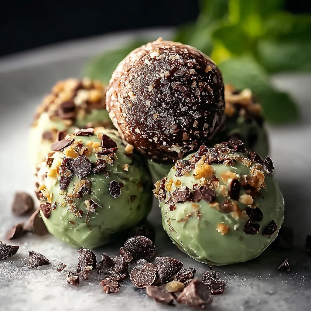 Three chocolate chip protein balls with mint leaves on top.