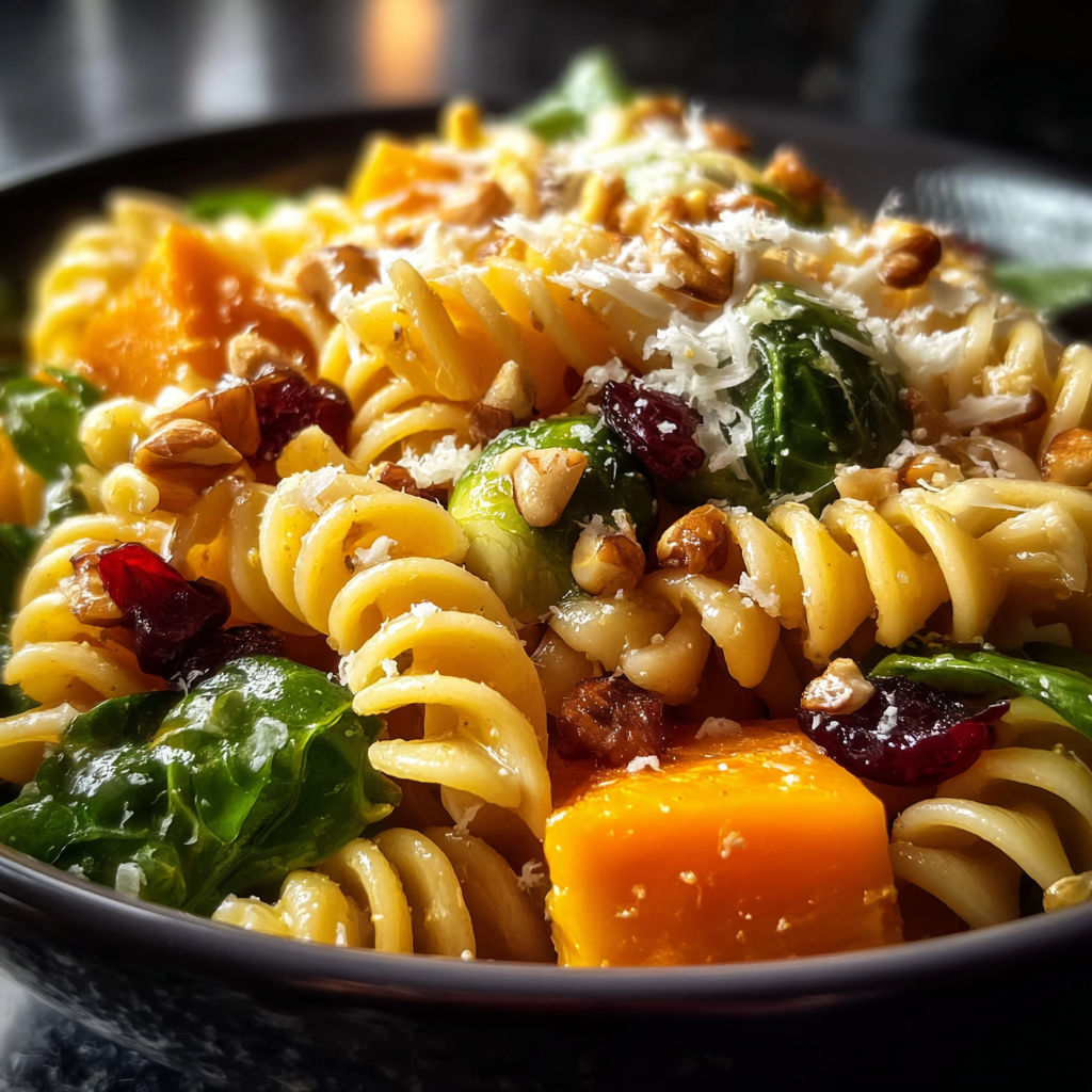 A bowl of pasta salad with various vegetables and nuts.