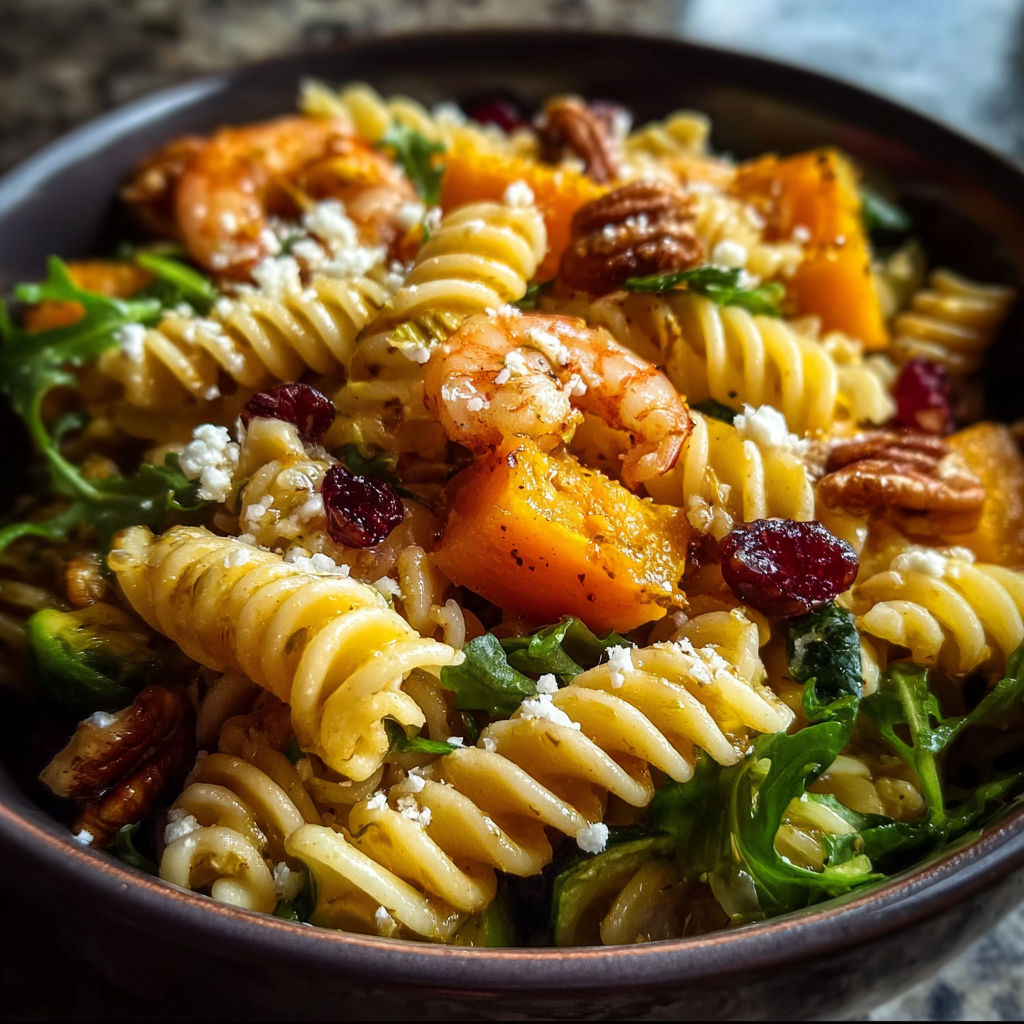 A bowl of pasta salad with shrimp, spinach, and other vegetables.