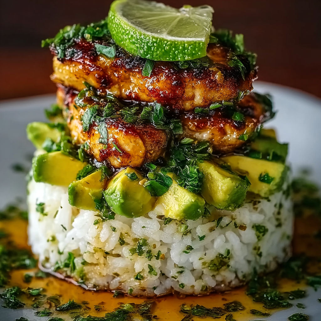 A stack of rice with chicken and avocado on top.