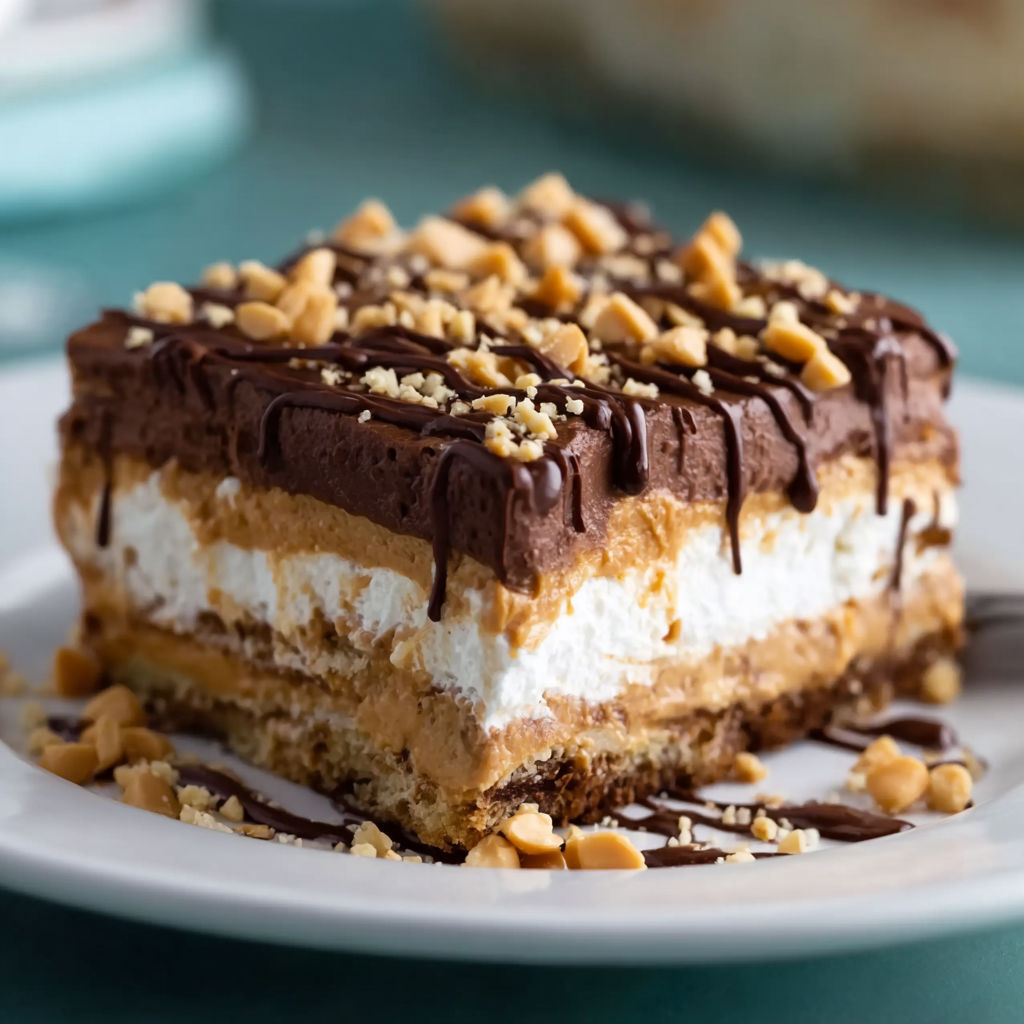 A slice of no-bake peanut butter lasagna.