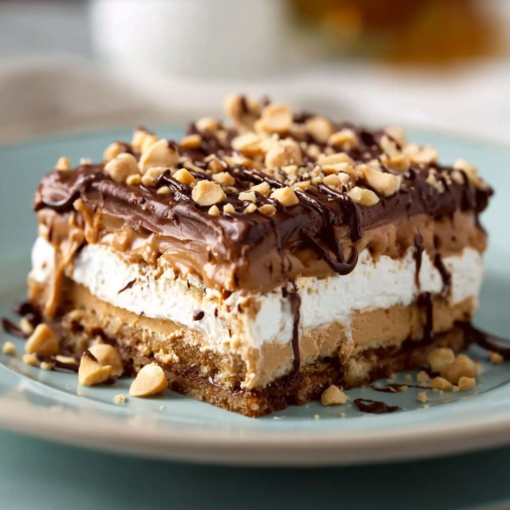 A slice of no-bake peanut butter lasagna.