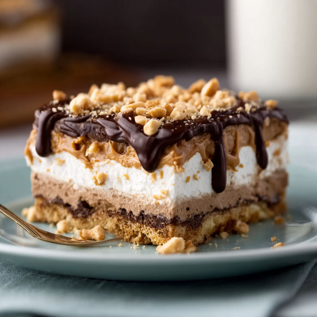 A slice of no-bake peanut butter lasagna.