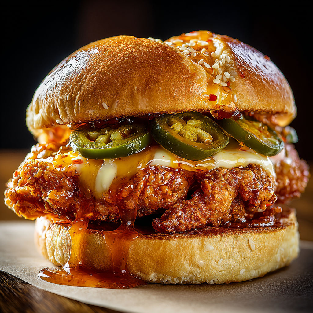 A jalapeno honey drenched crispy fried chicken sandwich.