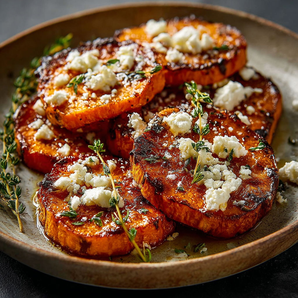 A plate of sweet potato rounds with feta cheese and honey.