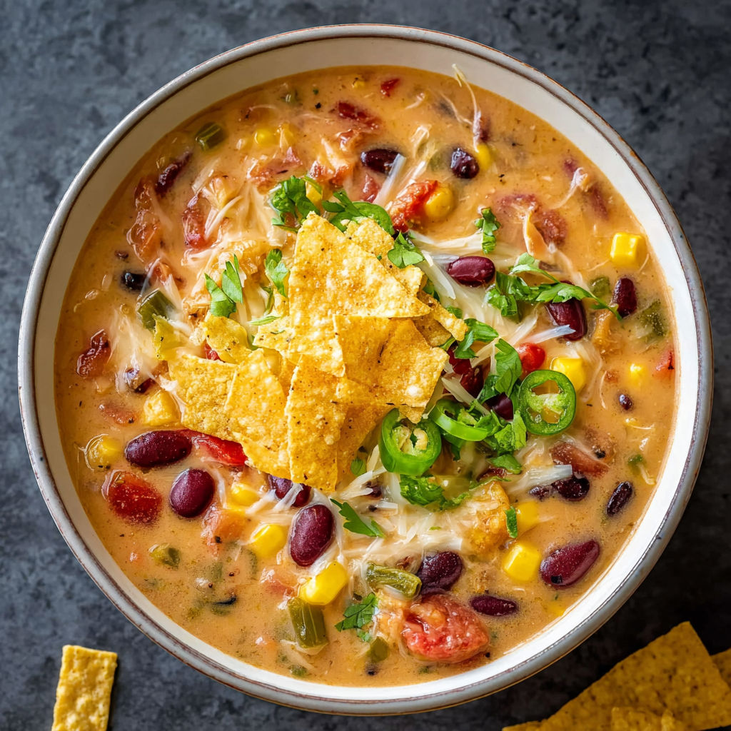 A bowl of creamy vegetarian tortilla soup.