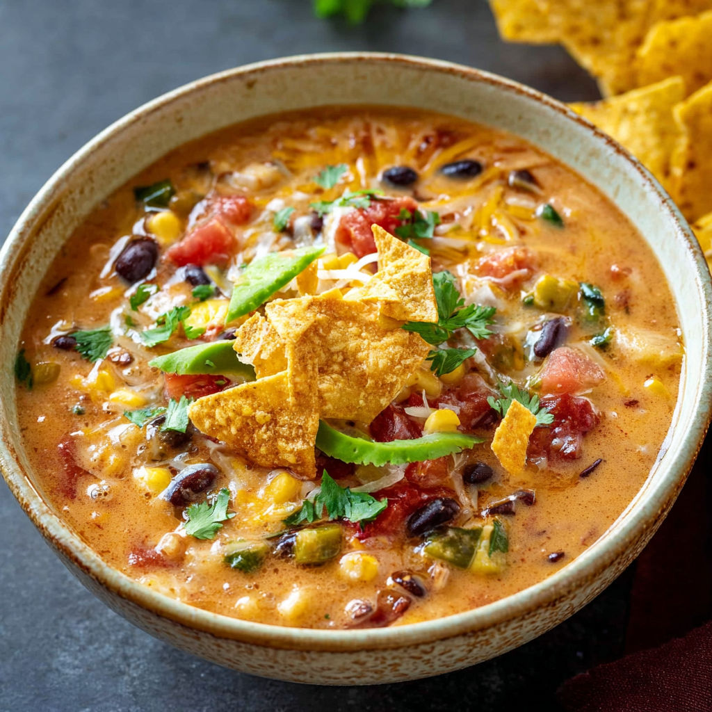 A bowl of soup with chips on top.