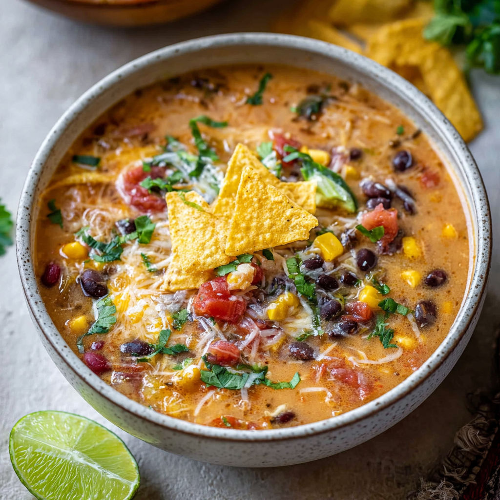 A bowl of soup with a tortilla chip on top.