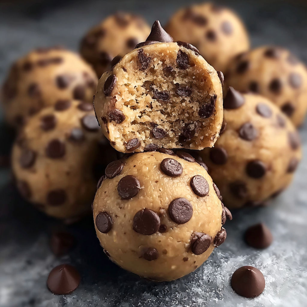 Chocolate chip protein balls on a table.