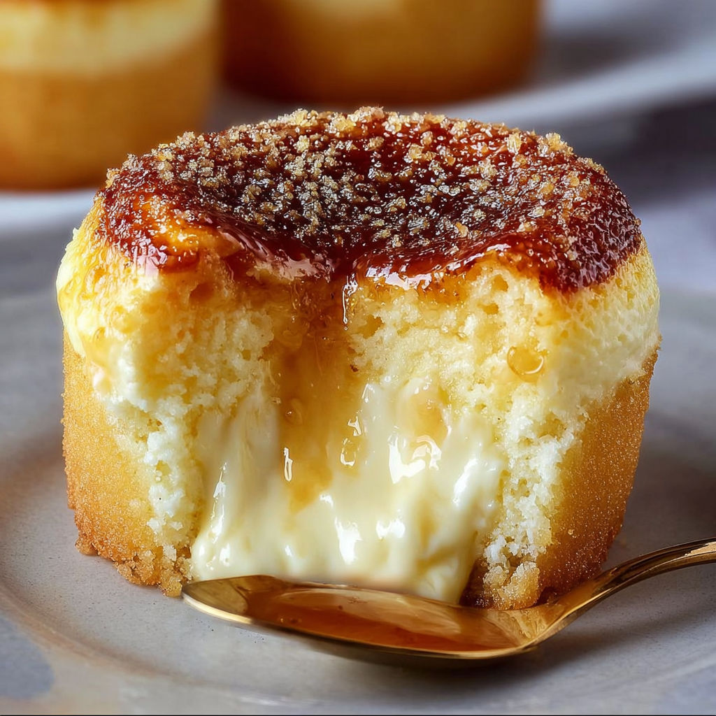 A slice of vanilla bean crème brûlée cheesecake cupcake.