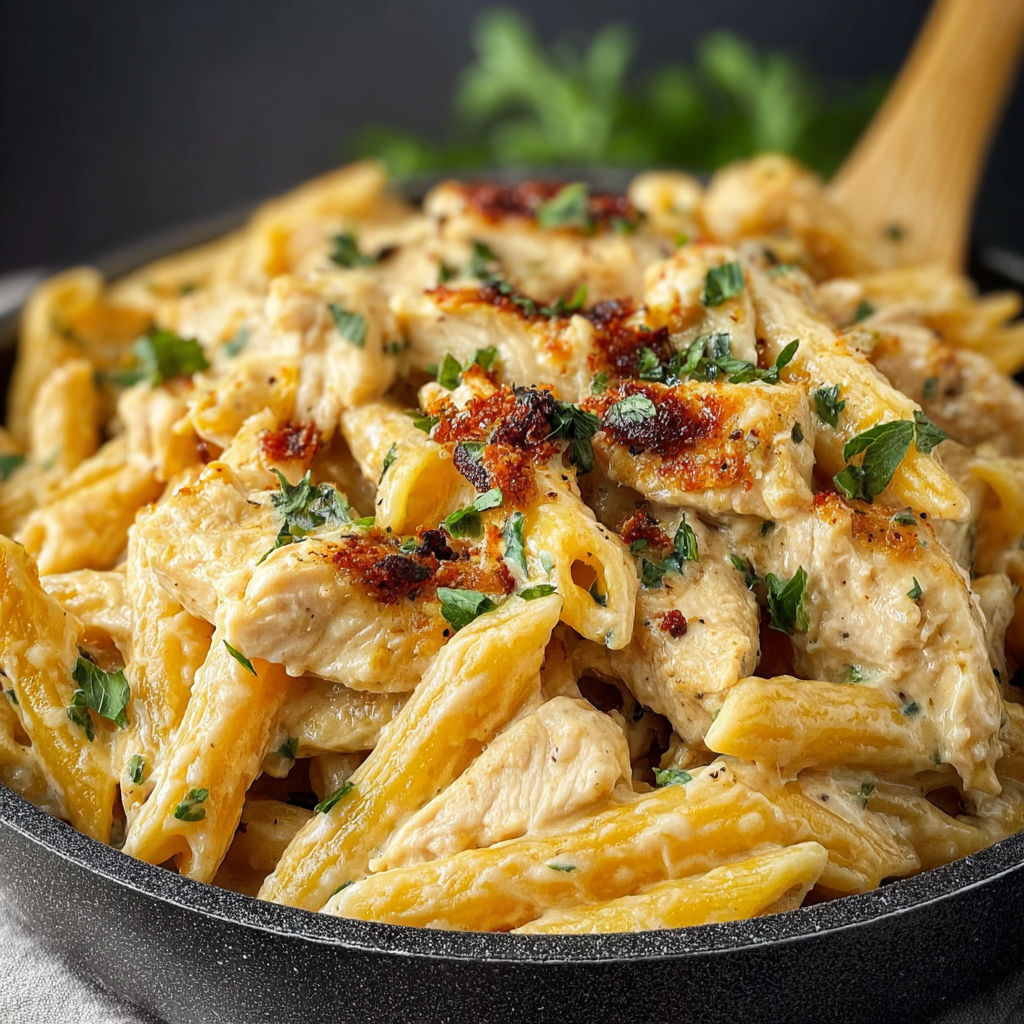 A bowl of pasta with chicken and vegetables.