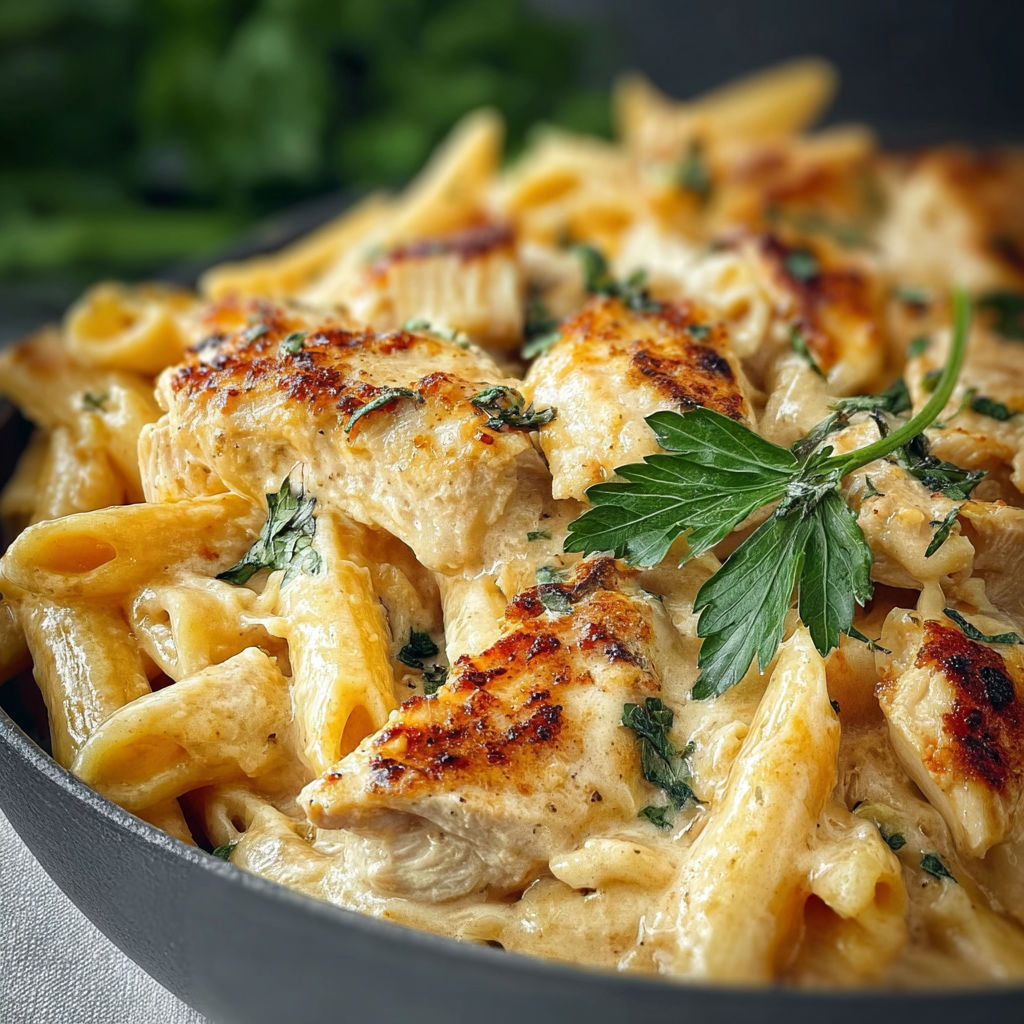 A bowl of pasta with chicken and vegetables.
