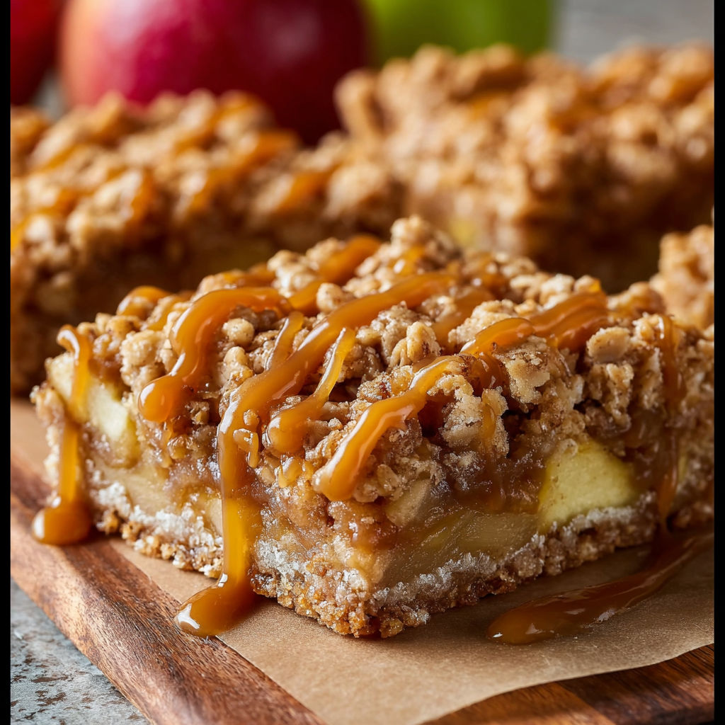 A close up of a delicious salted caramel apple crisp bar.