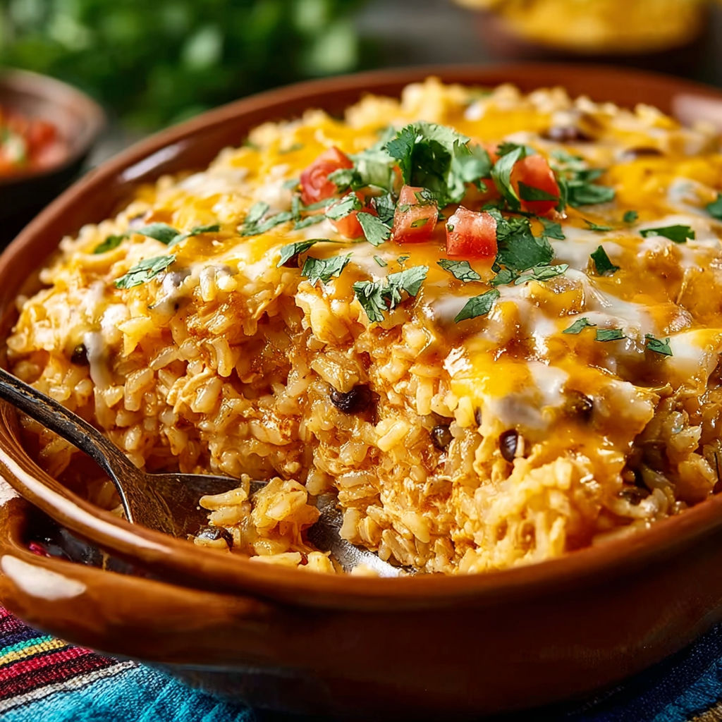 A bowl of chicken enchilada rice casserole.