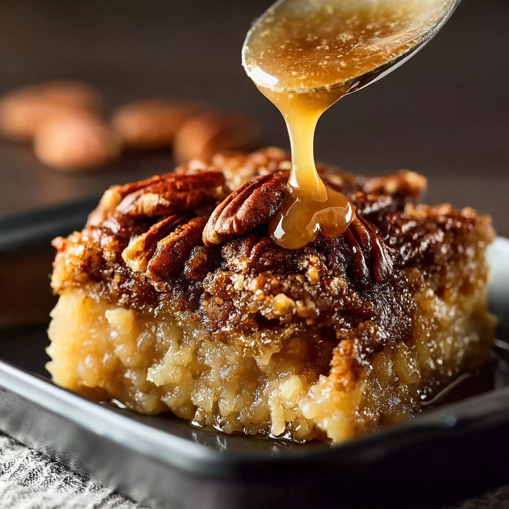 A slice of pecan pie with a spoonful of caramel sauce on top.