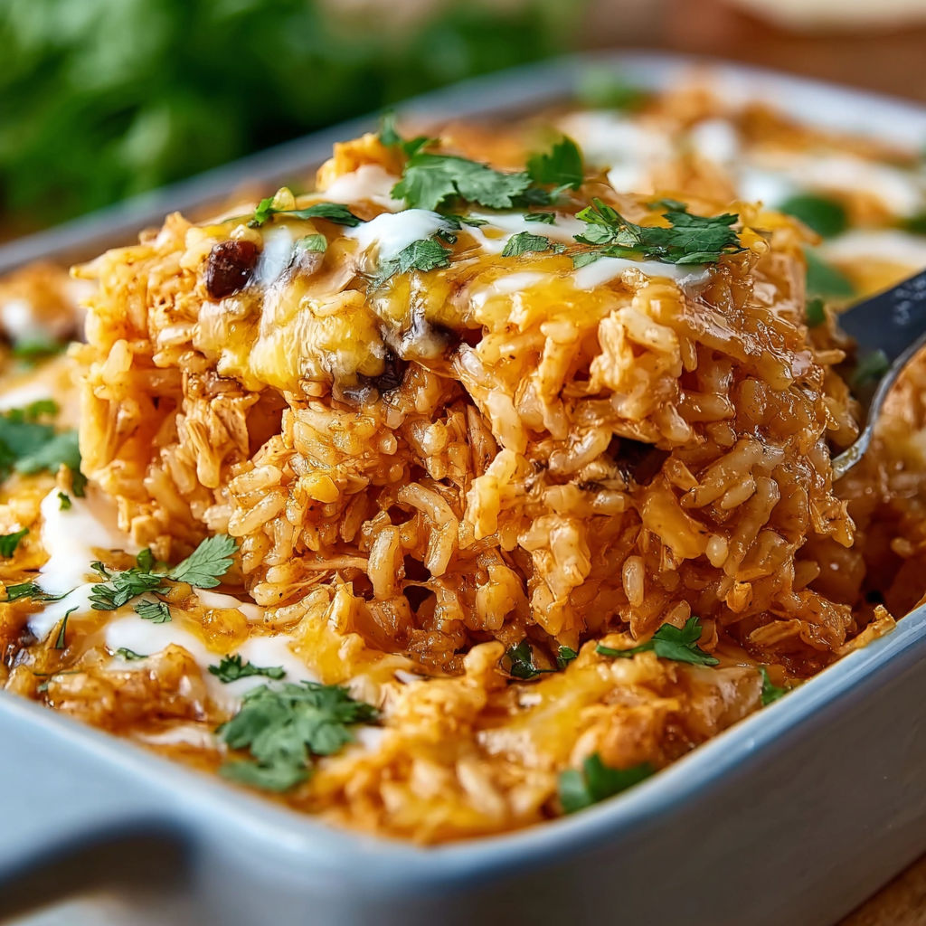 A dish of rice with cheese and chicken.