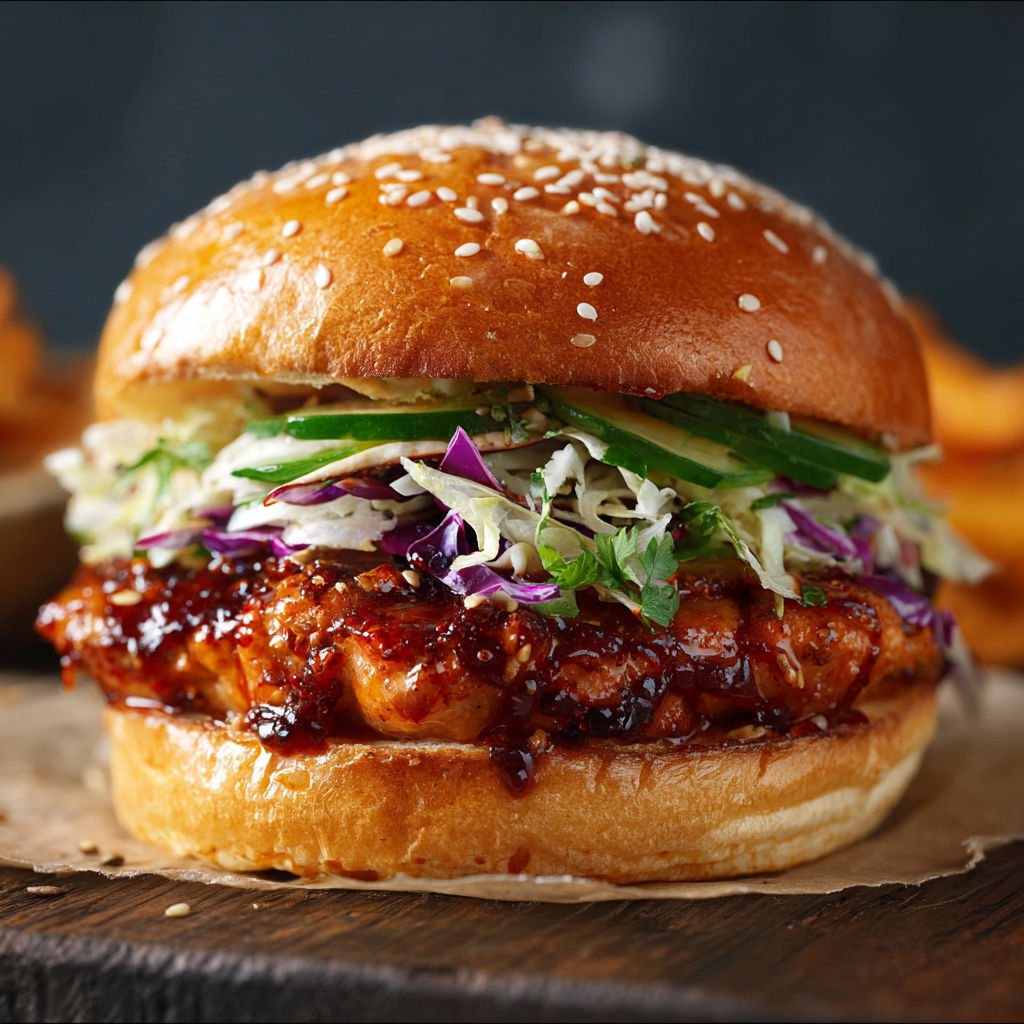 A Korean Fire Chicken Burger with lettuce, tomato, and onion.