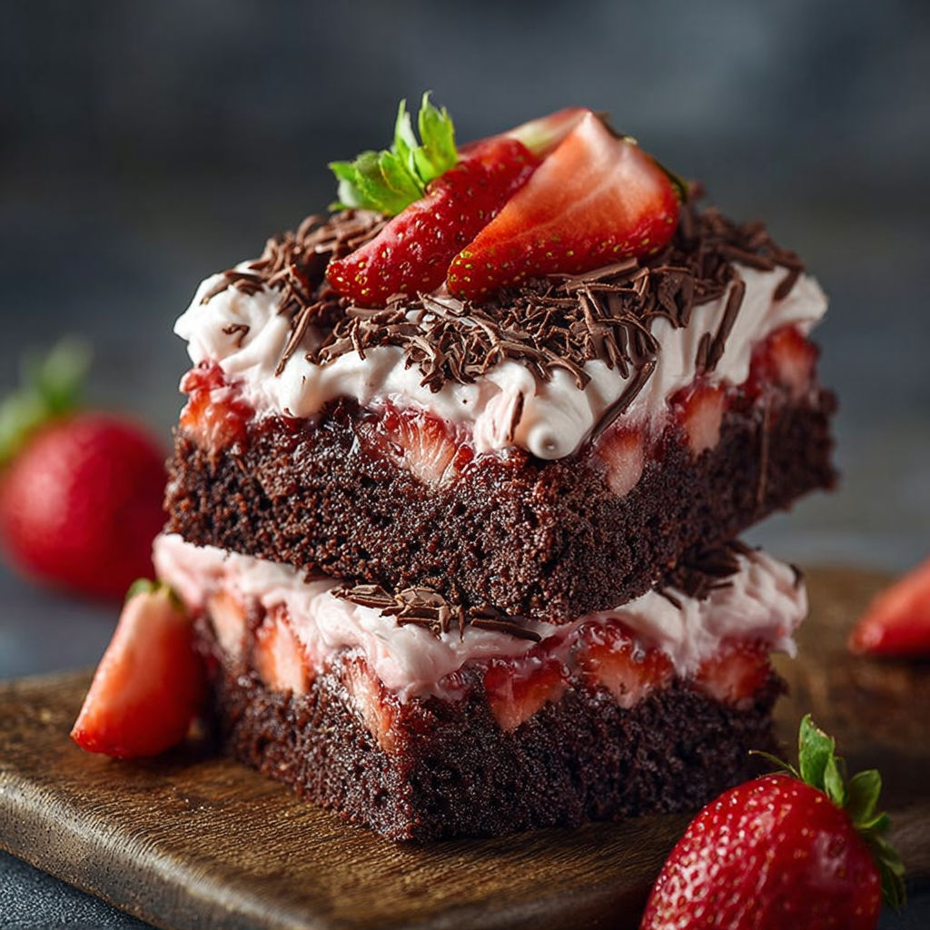 A slice of chocolate cake with strawberries on top.