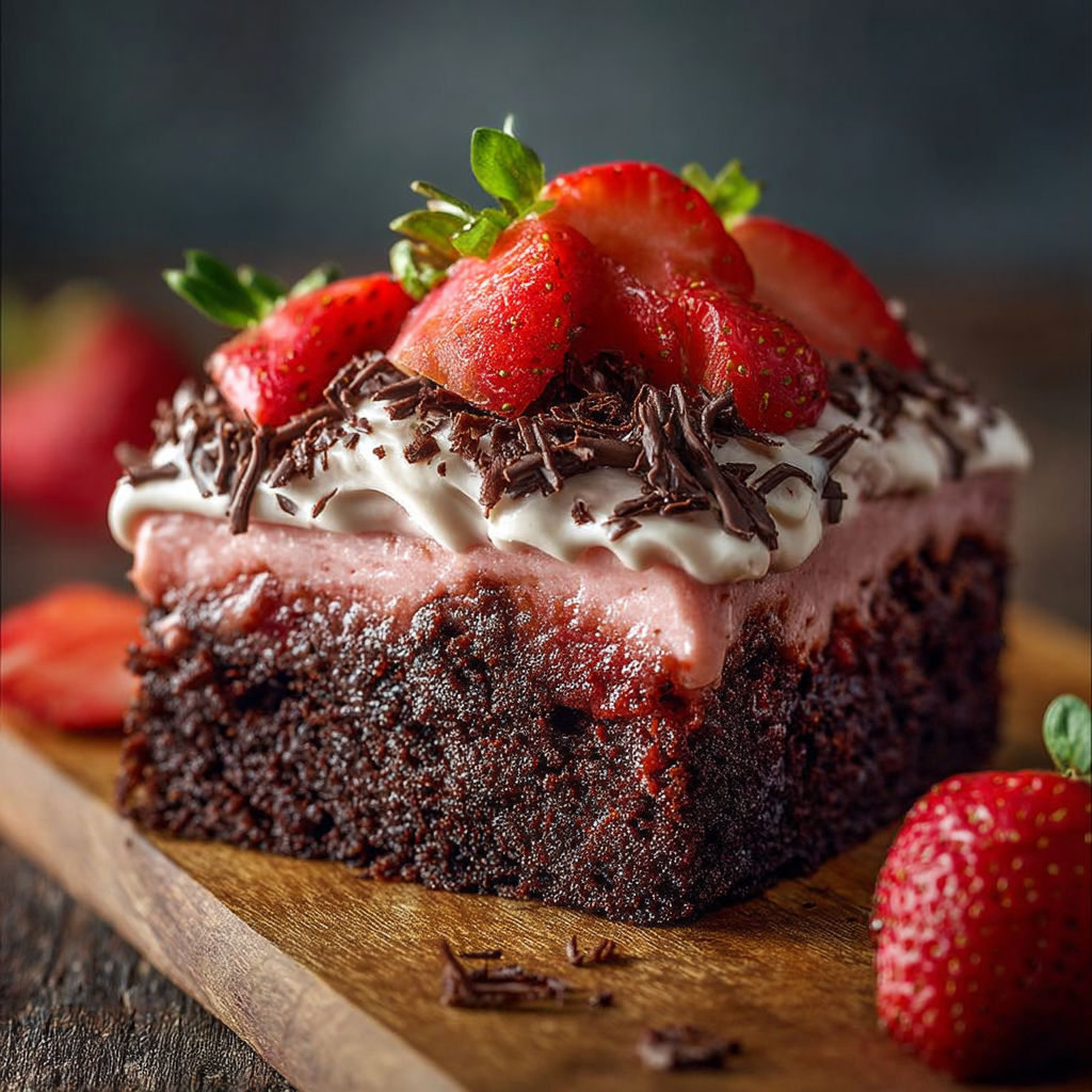 A slice of chocolate cake with strawberries on top.
