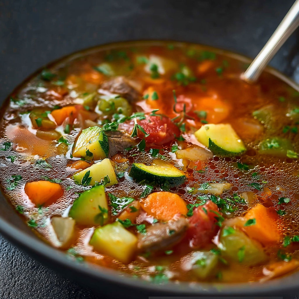 A bowl of soup with vegetables and meat.