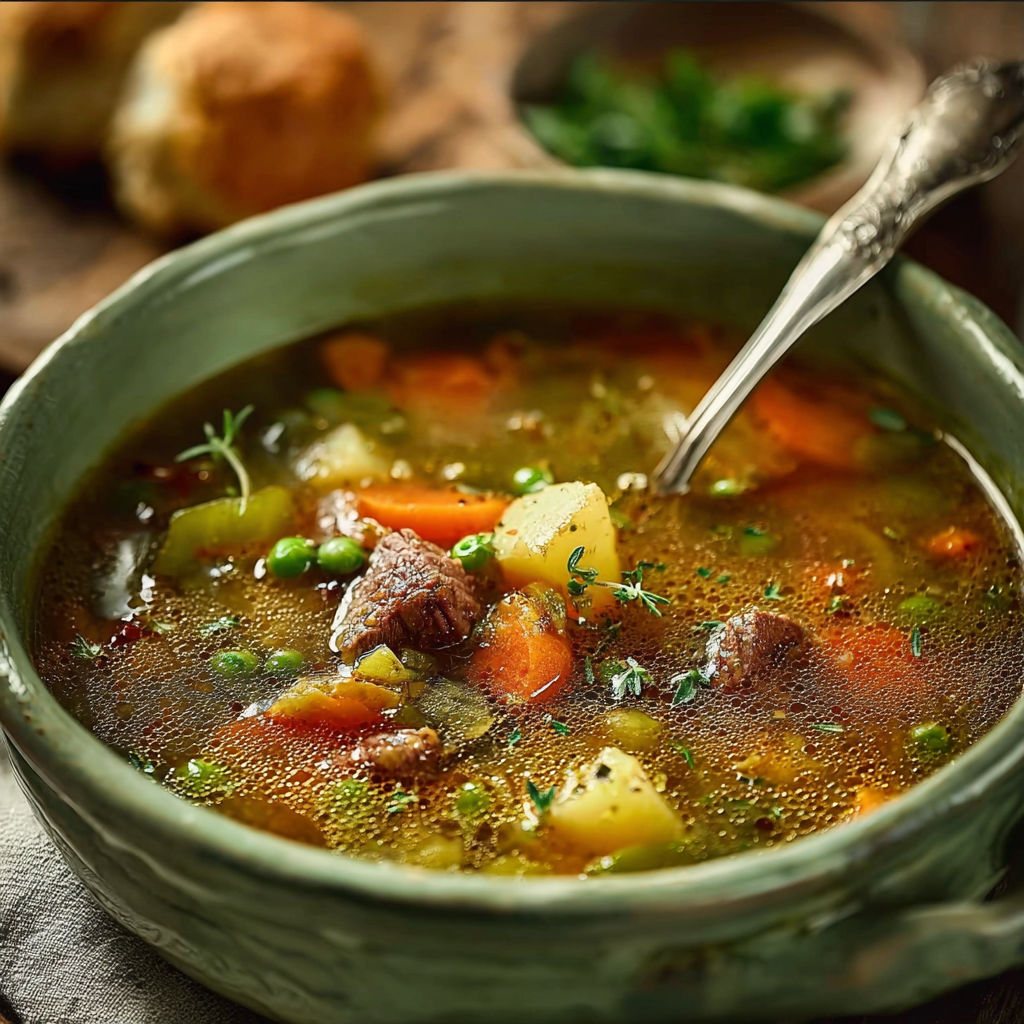 A bowl of soup with a spoon in it.