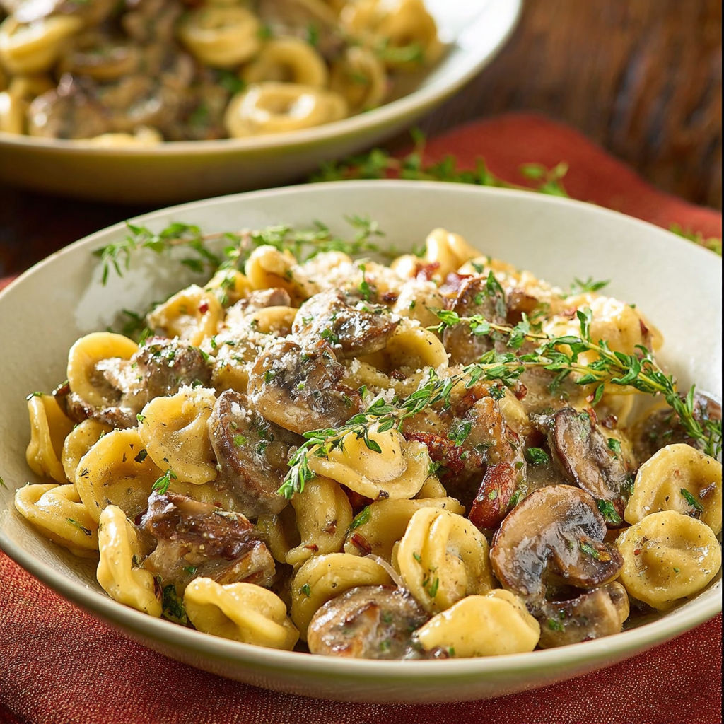 A bowl of pasta with mushrooms and thyme.