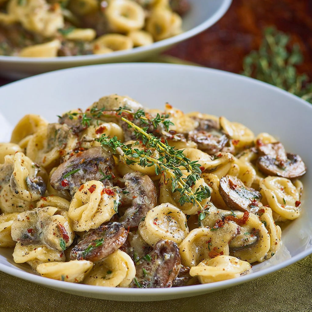A plate of pasta with mushrooms and thyme.