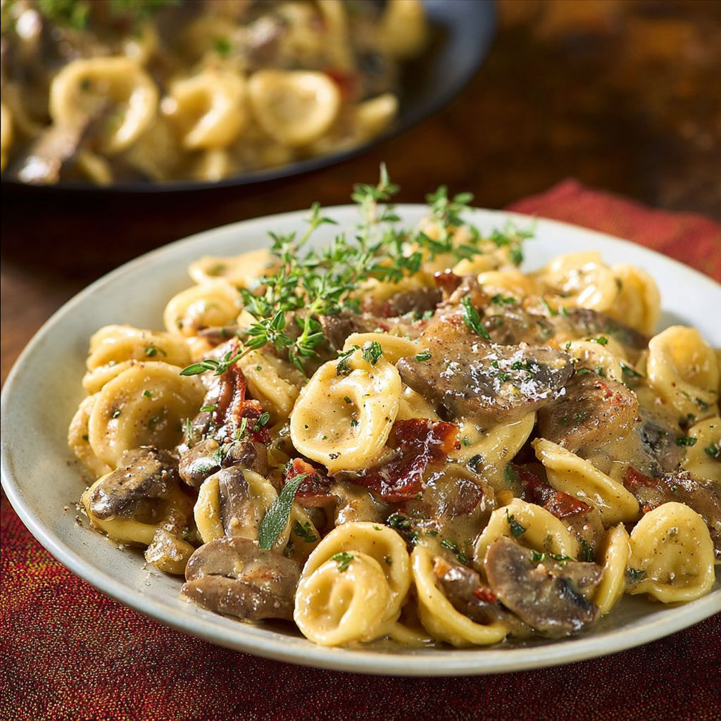 A plate of pasta with mushrooms and thyme.