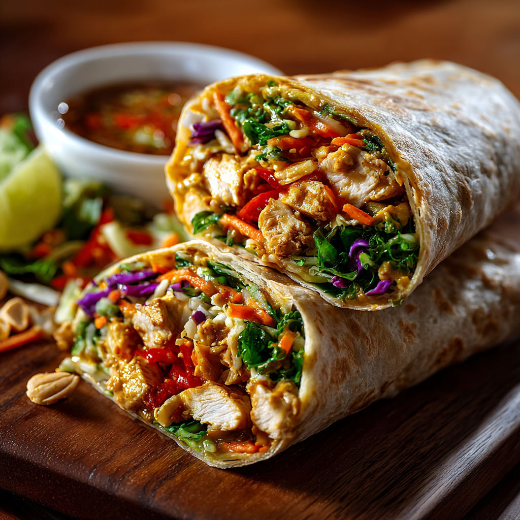 A chicken burrito with vegetables.