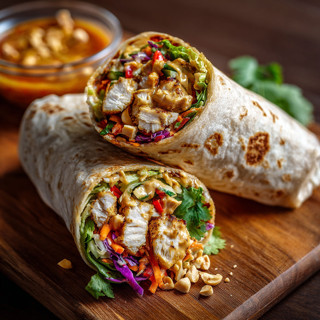 A bowl of sauce and two wraps with meat and vegetables.