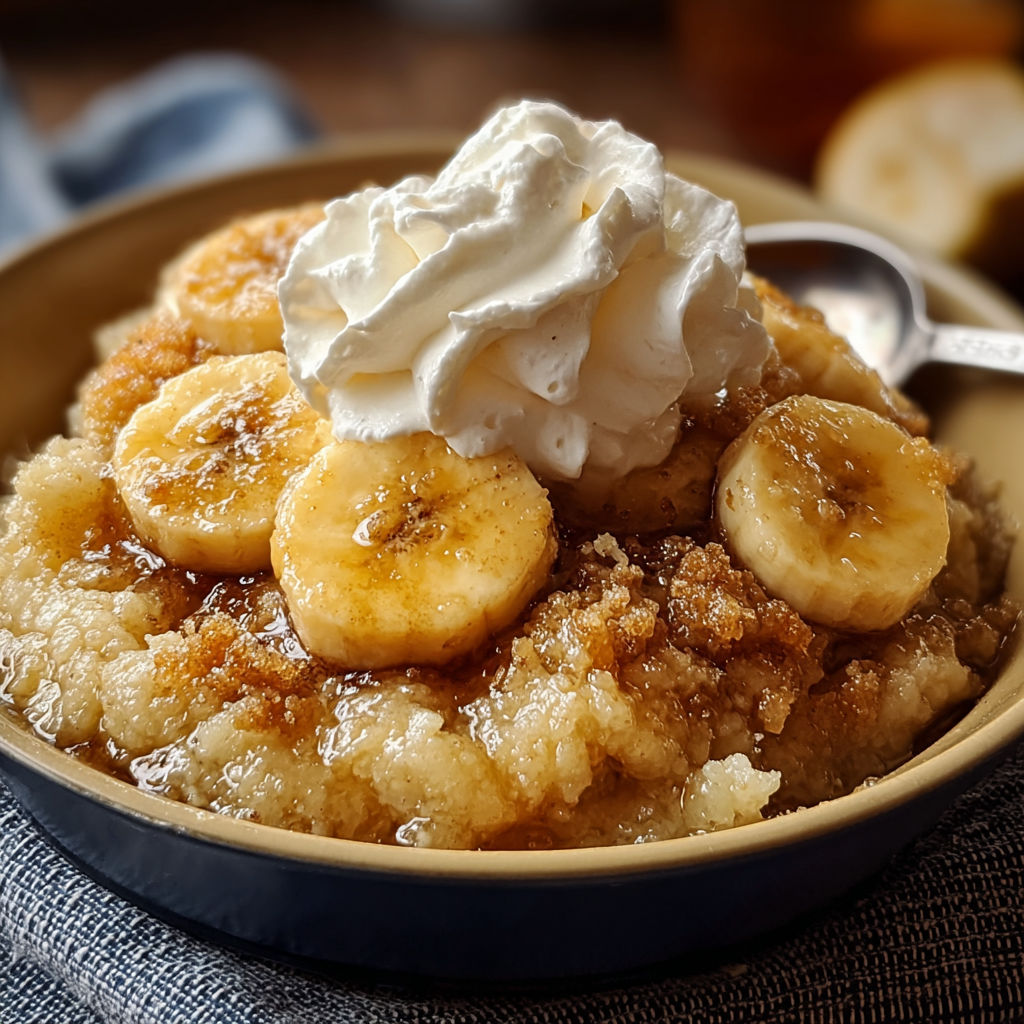 A bowl of banana cereal with whipped cream on top.