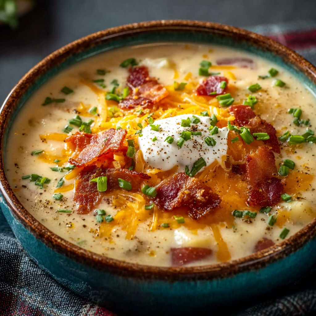 A bowl of soup with bacon and cheese.