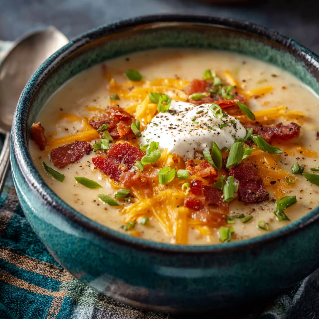 A bowl of soup with cheese and bacon.